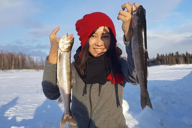 Fairbanks Ice Fishing Expedition in a Heated Cabin with Fish Cookout - Learning how to catch fish through the ice